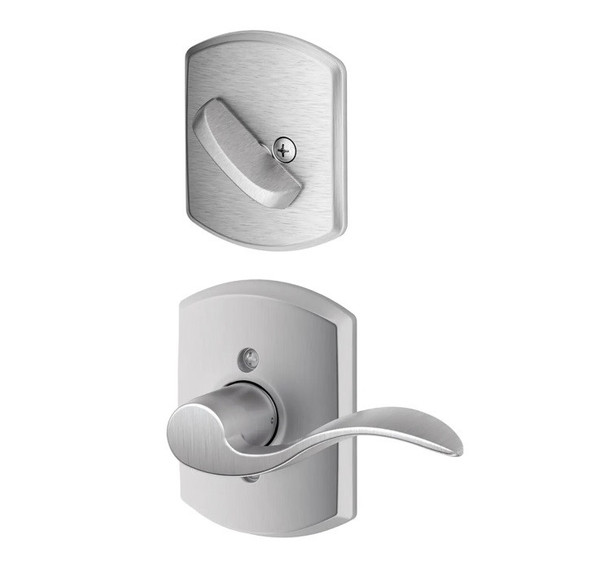 Schlage F94ACC626GRW Satin Chrome Dummy Handleset with Accent Lever and Greenwich Rose (Interior Side Only) Schlage F94ACC626GRW Satin Chrome Dummy Handleset with Accent Lever and Greenwich Rose (Interior Side Only)