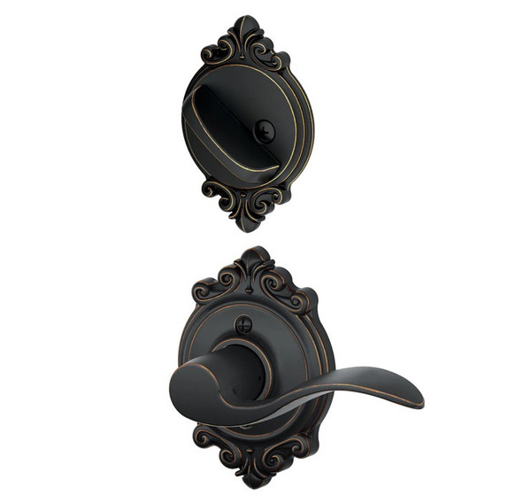 Schlage F94ACC716BRK Aged Bronze Dummy Handleset with Accent Lever and Brookshire Rose (Interior Side Only)