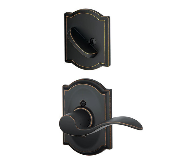 Schlage F94ACC716CAM Aged Bronze Dummy Handleset with Accent Lever and Camelot Rose (Interior Side Only)