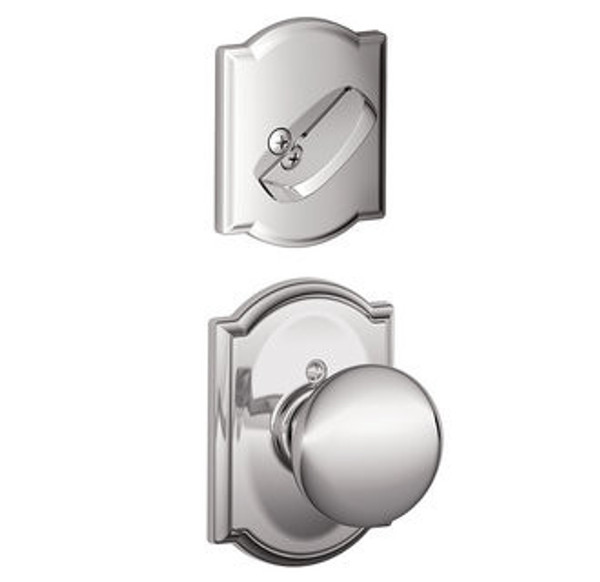 Schlage F94PLY625CAM Polished Chrome Dummy Handleset with Plymouth Knob and Camelot Rose (Interior Side Only)