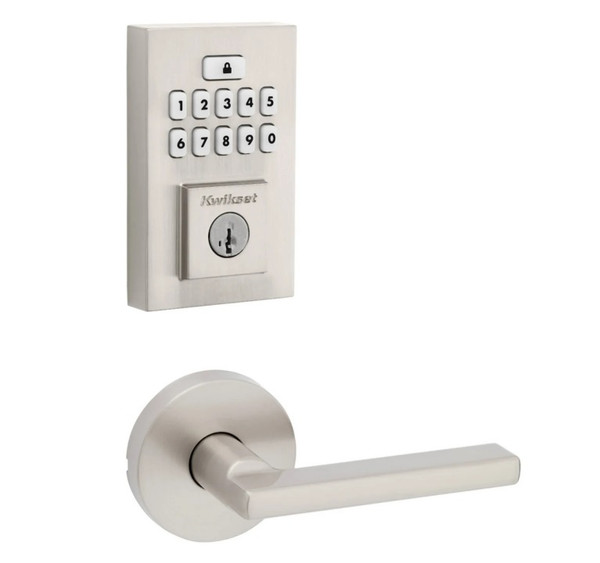 Kwikset 9260CNT-720HFLRDT-15 Contemporary SmartCode Keypad Electronic Deadbolt SmartKey with Halifax Lever with Round Rose Passage Lock Combo Satin Nickel Finish