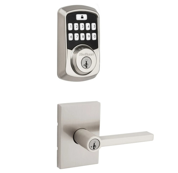 Kwikset 942BLE-740HFLRCT-15 Aura Bluetooth Keypad Electronic Deadbolt with Halifax Keyed Lever with Rectangular Rose Satin Nickel Finish