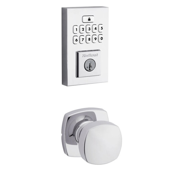 Kwikset 9260CNT-720AYKMDT-26 Contemporary SmartCode Keypad Electronic Deadbolt SmartKey with Arroyo Passage Knob and Midtown Rose Lock Combo Bright Chrome Finish