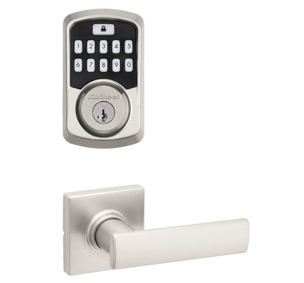 Kwikset 942BLE-200BRNLSQT-15 Aura Bluetooth Keypad Electronic Deadbolt with Breton Lever with Square Rose Satin Nickel Finish