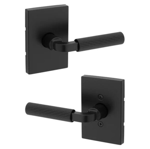 Kwikset 720MALRCT-514 Mirada Reeded Pattern Lever with Contemporary Rectangular Rose Passage Door Lock with 6AL Latch and RCS Strike Matte Black Finish