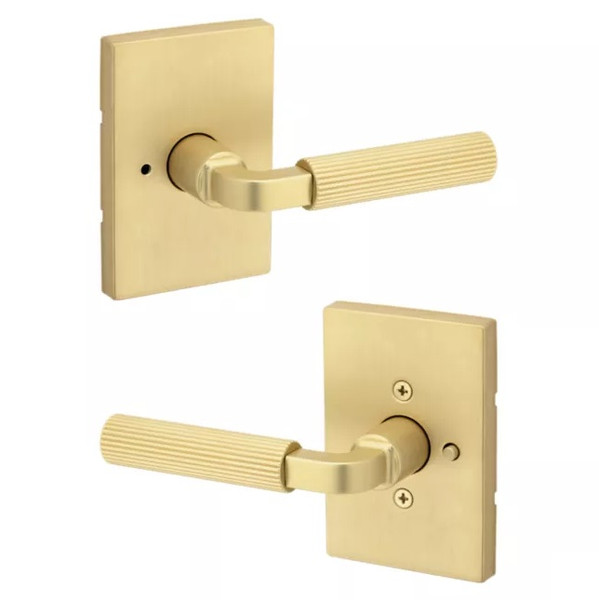 Kwikset 730MALRCT-4 Mirada Reeded Pattern Lever with Contemporary Rectangular Rose Privacy Door Lock with 6AL Latch and RCS Strike Satin Brass Finish