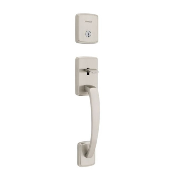 Kwikset 818BFHLIP-15S.STRKP Single Cylinder Brentford Exterior Handleset with SmartKey with 6AL Latch and STRKP Strike Pack which includes Square Corner; Round Corner and 5303 Round Corner Full Lip Strikes Satin Nickel Finish