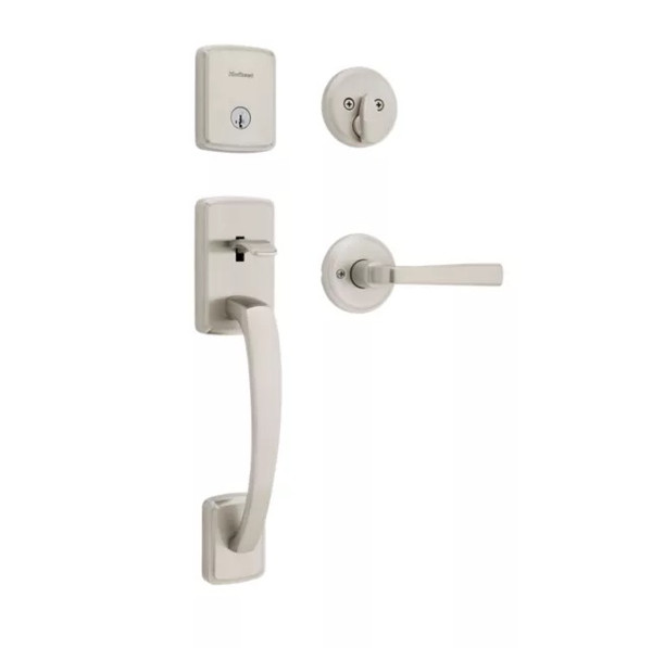 Kwikset 818BFH-971TDL-15S Single Cylinder Brentford Exterior Handleset with Trafford Lever with SmartKey with RCAL Latch and RCS Strike Satin Nickel Finish