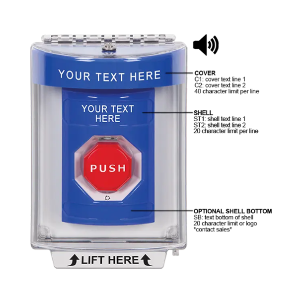 Custom Labeling, Buttons With Universal Stopper Flush With Horn, Turn To Reset Illuminated, Blue, SS2449ZA-EN
