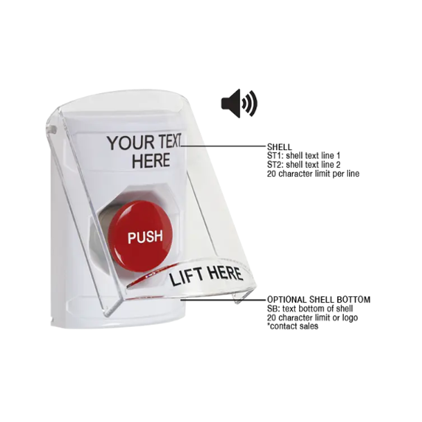 Custom Labeling, Buttons With Shield And Shield Sound, Momentary, White, SS23A4ZA-EN