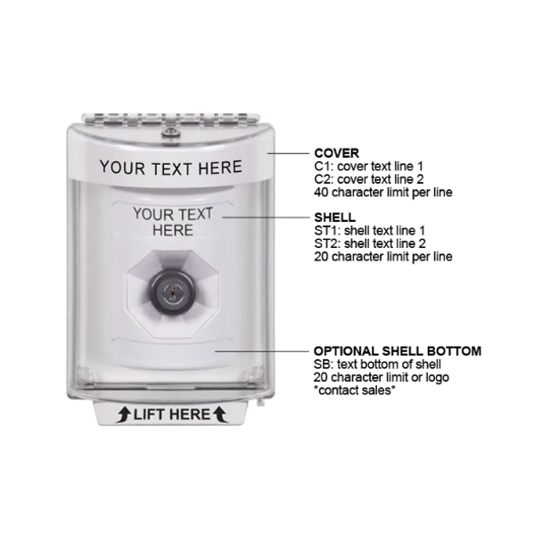 Custom Labeling, Buttons With Universal Stopper Surface, Key To Activate, White, SS2373ZA-EN