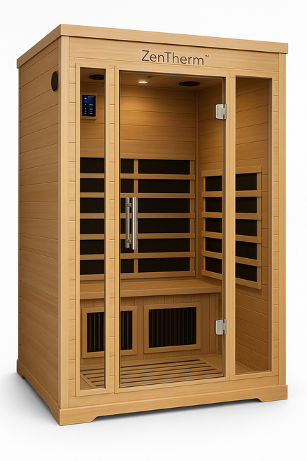 ZenTherm 2-Person Infrared Sauna interior view with carbon heaters, Hemlock wood, and bench seating.