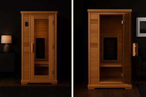 Two side-by-side images of the ZenTherm™ Solo Infrared Sauna in a dark modern luxury room. Left image shows the full exterior with a closed tempered glass door, wooden handle, and warm interior lighting. Right image shows the sauna with the glass door open, revealing the Hemlock wood interior and carbon heater panel, with part of a dark sofa and framed wall art visible in the background.
