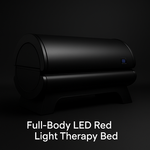 Closed full-body LED red light therapy bed with sleek black exterior designed for professional wellness use