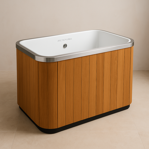 Freestanding Zenova ArcticPlunge cold therapy tub with a white insulated interior, stainless steel rim, and vertical wood-panel exterior, shown in a minimalist spa-style room.