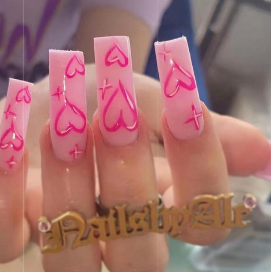 Pink Heart Nails 