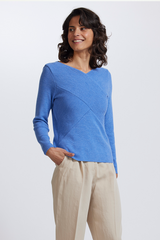 Long Sleeve Rib Wrap Vee Neck Merino Jersey ROYAL