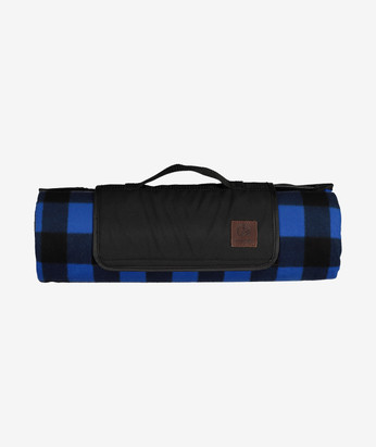 Blue/Black check picnic blanket rolled with carry handle