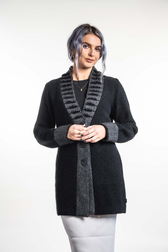 Feature Collar Possum Merino Silk Cardi KORU Feature Collar Possum Merino Silk Cardi KORU