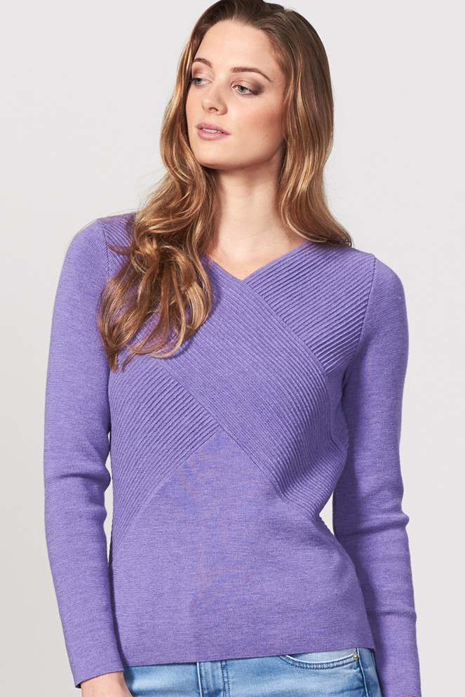 Long Sleeve Rib Wrap Vee Neck Merino Jersey ROYAL