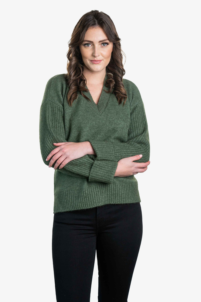 Vee Neck Possum Merino  Ribbed Sleeve Jumper KORU
