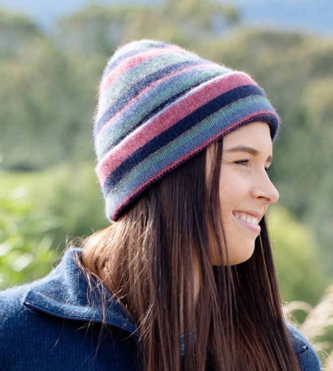 Stripe Possum Merino Wool Beanie Hat NZNC