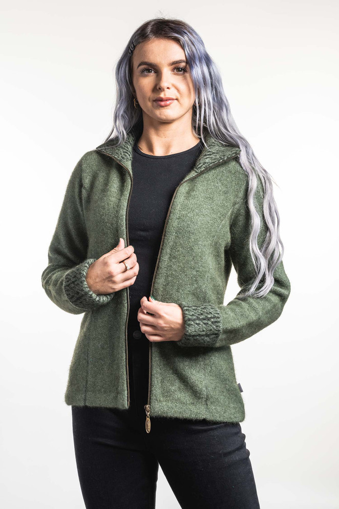 Two Tone Cable Trim Possum Merino Wool Silk Jacket KORU
