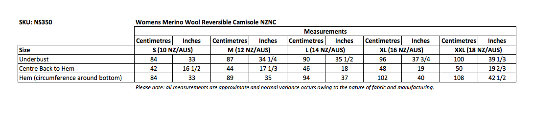 Camisole Size Chart