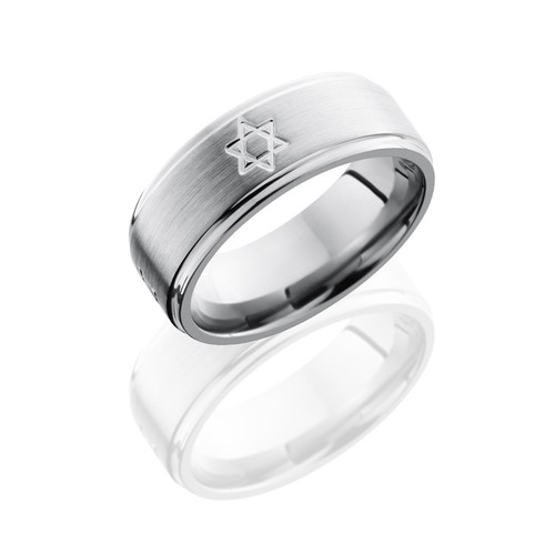 Titanium 8 mm Flat Band with Grooved Edges and 6 Pointed Star Pattern. Titanium 8 mm Flat Band with Grooved Edges and 6 Pointed Star Pattern.