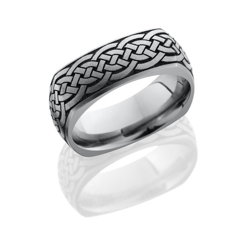 Titanium 8 mm domed square band with laser carved celtic pattern Titanium 8 mm domed square band with laser carved celtic pattern