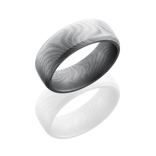 Flat Twist Patterned Damascus Steel 8mm Domed Band with Beveled Edges and Bead Finish