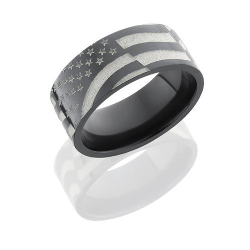9mm Black Zirconium Flat Band with Laser Carved American Flag Pattern 9mm Black Zirconium Flat Band with Laser Carved American Flag Pattern