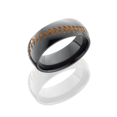 Black Zirconium Baseball Stitch Men's Ring with Custom Color and Hardwood Sleeve