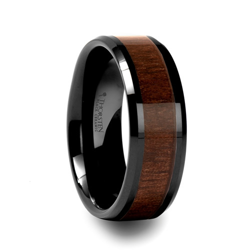 Black Walnut Wood Inlay Ring in Black Ceramic Black Walnut Wood Inlay Ring in Black Ceramic