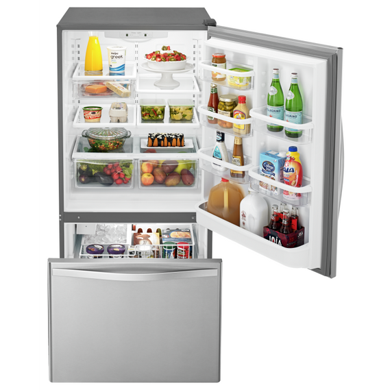 Whirlpool® 33-inches wide Bottom-Freezer Refrigerator with SpillGuard™ Glass Shelves - 22 cu. ft WRB322DMBM