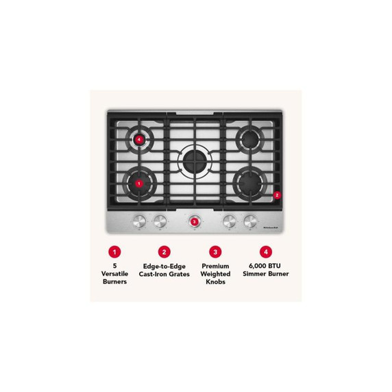 Kitchenaid® Gas-on-Metal Cooktop with 5 Versatile Burners and Edge-to-Edge Cast-Iron Grates KCGK330SSS