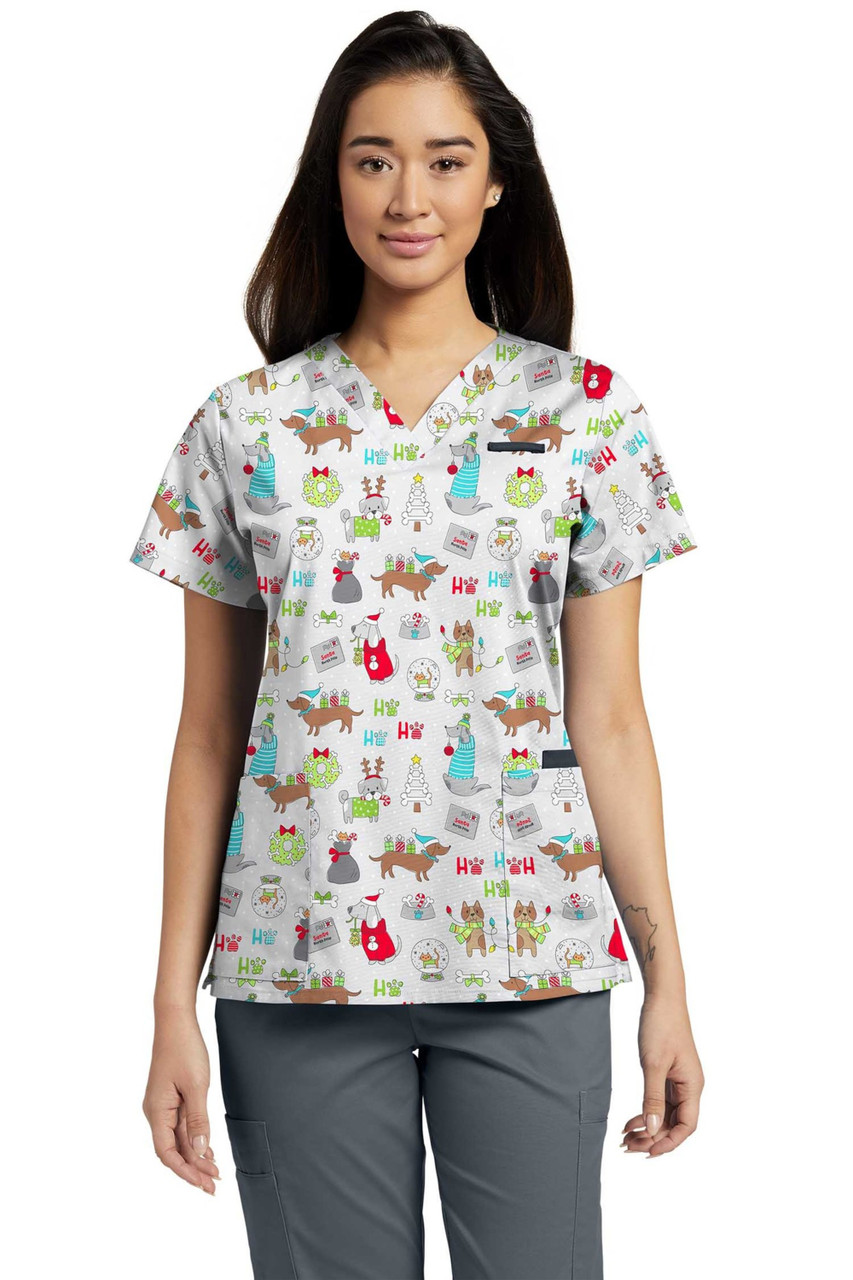 Clearance White Cross Women's Santa Elf Scrub Top - Scrub Depot