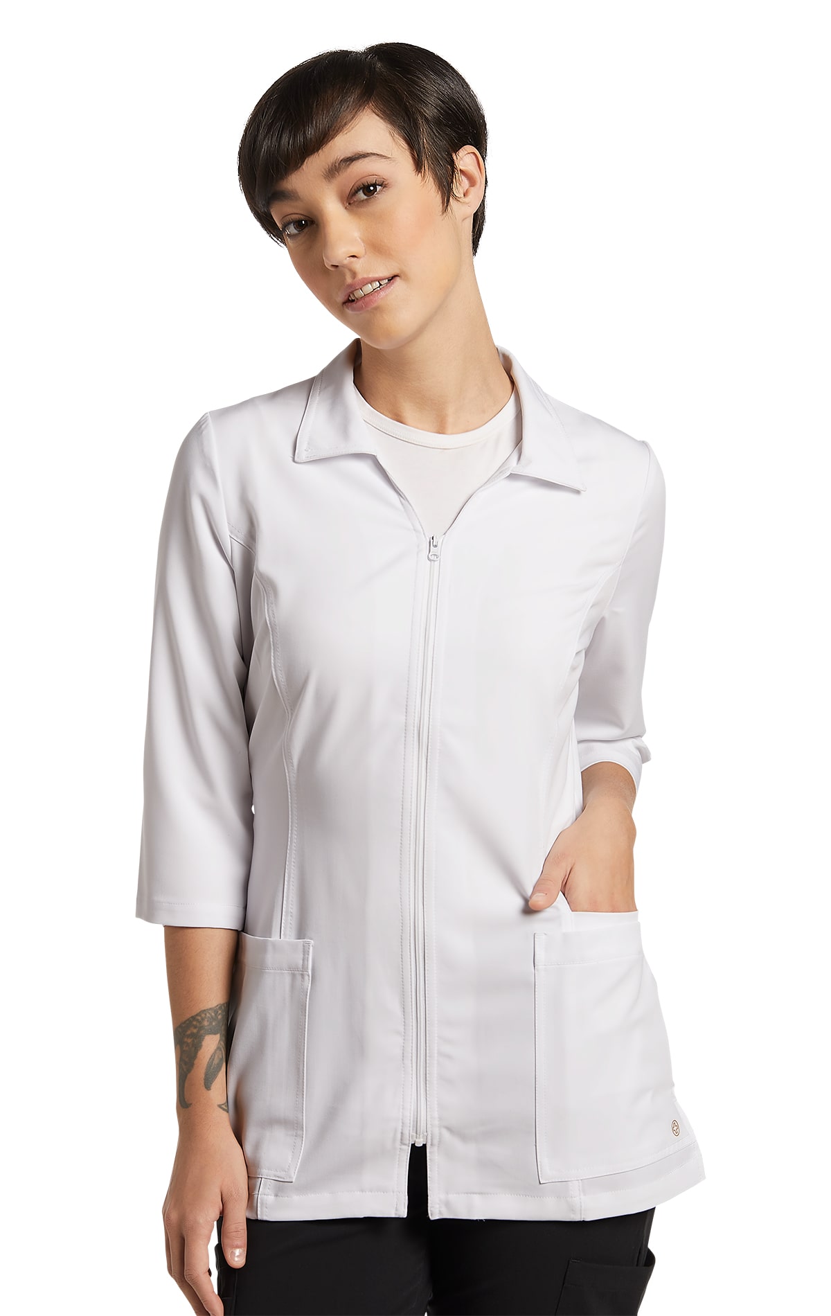 Marvella White Cross Lab Jacket With 3/4 Sleeves