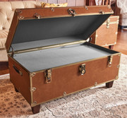 Rhino Cognac Luxury Faux Leather Coffee Table Trunk Open with Shelf