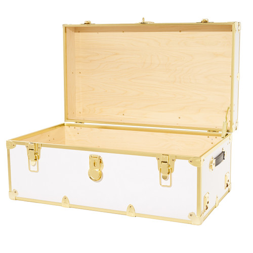 Open view of Rhino XL camp trunk with brass trim