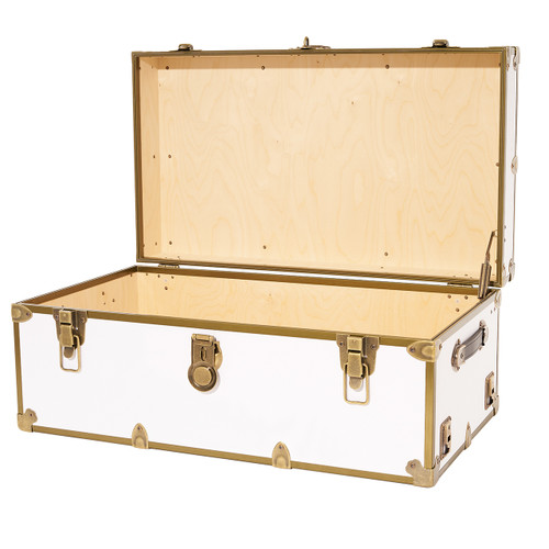 Open view of Rhino XL camp trunk with antique brass trim