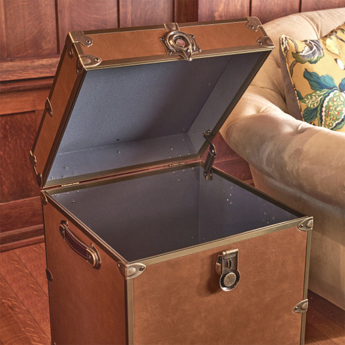 Rhino Cognac Luxury Faux Leather End Table Trunk with Feet Open