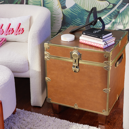 Rhino Cognac Luxury Faux Leather End Table Trunk with Feet