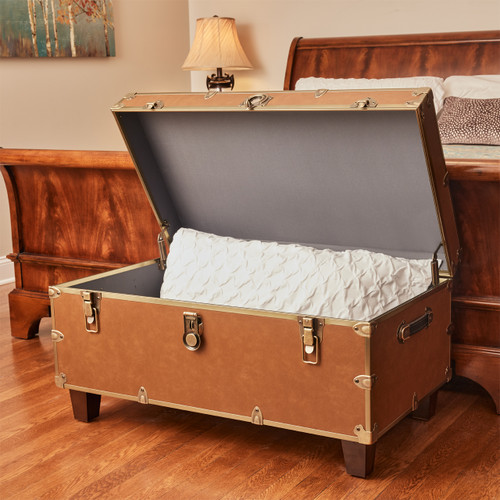 Rhino Cognac Luxury Faux Leather End Of Bed Trunk Open with Feet Front