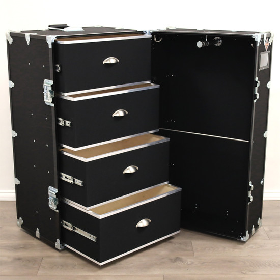 Rhino Traditional Wardrobe Travel Trunk interior empty with black drawers open