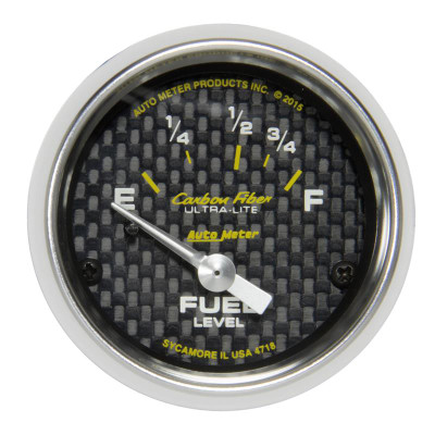 Auto Meter Carbon Fiber Series - Fuel Level Gauge - Electric, Air-Core Movement - Incl Bulb & Socket 3220 - Incl Light Covers Red 3214 & Green 3215 - Incl Mounting Hardware 2230 4718 Auto Meter Carbon Fiber Series - Fuel Level Gauge - Electric, Air-Core Movement - Incl Bulb & Socket 3220 - Incl Light Covers Red 3214 & Green 3215 - Incl Mounting Hardware 2230 4718