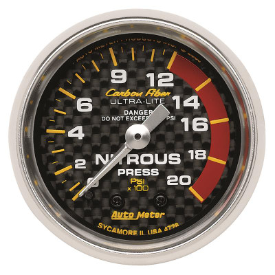 Auto Meter Carbon Fiber Series - Nitrous Pressure Gauge - Mechanical Movement - Incl Bulb & Socket 3220 - Incl Light Covers Red 3214 & Green 3215 - Incl Mounting Hardware 2230 4728 Auto Meter Carbon Fiber Series - Nitrous Pressure Gauge - Mechanical Movement - Incl Bulb & Socket 3220 - Incl Light Covers Red 3214 & Green 3215 - Incl Mounting Hardware 2230 4728
