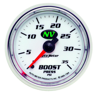 Auto Meter NV Series - Boost Gauge - Mechanical Movement - Incl 1/8in NPT Male to 1/8in Compression Fitting, 1/8in NPT Female to 1/8in Compression Fitting, 1/8in NPT to 1/4in NPT Bushing - Incl 10ft Nylon Tubing - Incl Mounting Hardware 2230 7304
