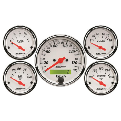 Auto Meter Arctic White Series - 5 Piece Gauge Kit - Incl Fuel Sender 3262 / Oil Sender 2242 / Water Sender 2258 / VSS Sensor - Incl Bulb & Socket 3212 & 3220 - Incl Light Covers Red 3214 & Green 3215 - Incl Mounting Hardware Brackets Included 1302-M