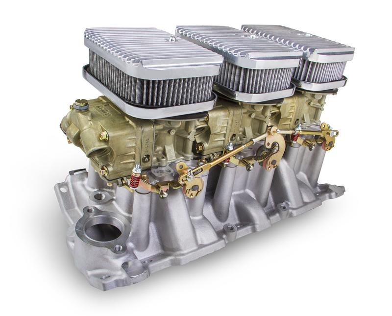 Intake and Carburetor Set - 3x2 Medium Rise Intake Manifold - (3) Holley 2BBL Carbs - For Small Block Chevy 300-521